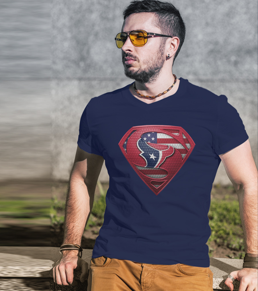 Spm Houston Texans Superman Shield American Flag T-Shirt