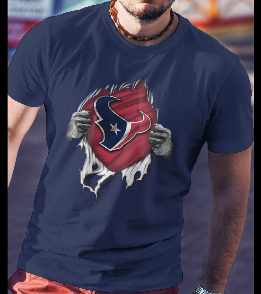 Torn Houston Texans Emblem Revealed Through Superhero Rip Effect T-Shirt