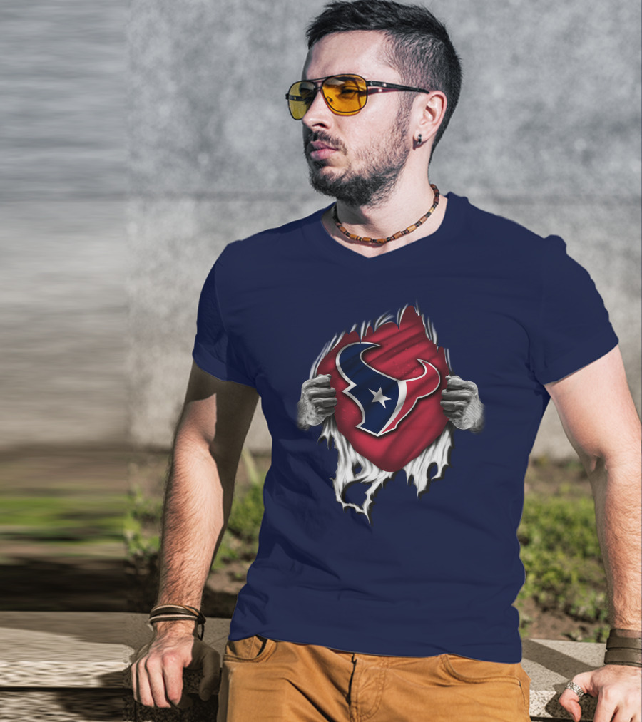 Torn Houston Texans Emblem Revealed Through Superhero Rip Effect T-Shirt