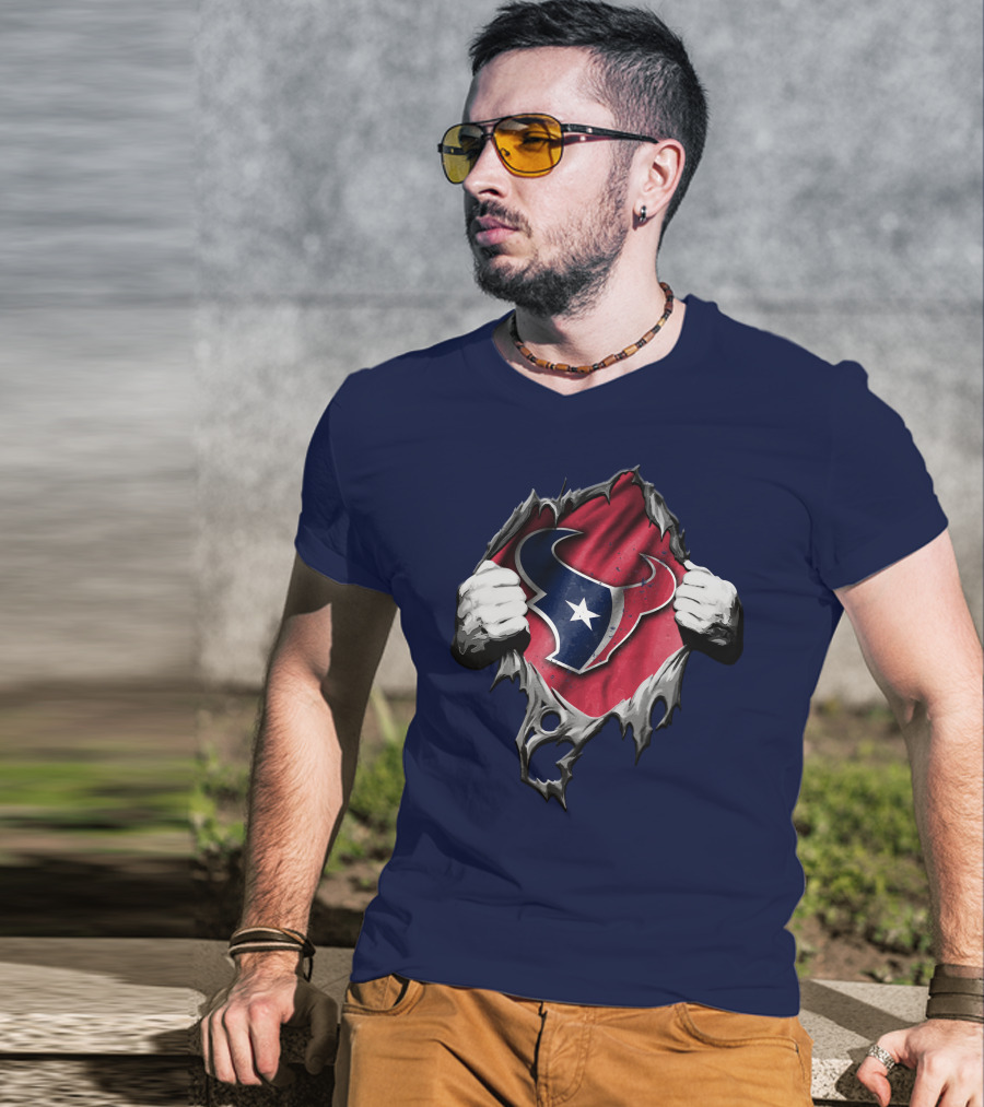 Torn Houston Texans Logo Hidden Beneath Rip Effect T-Shirt