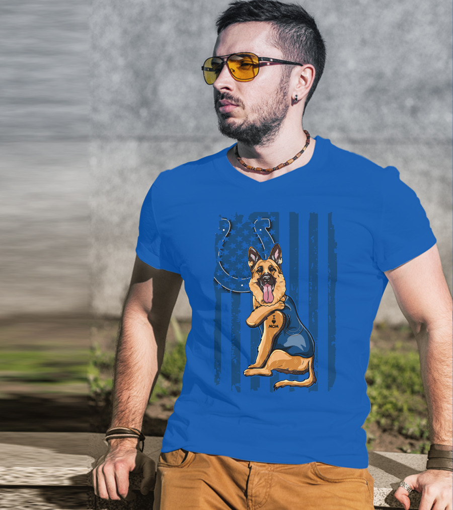 German Shepherd I Love Mom Indianapolis Colts American Flag T-Shirt
