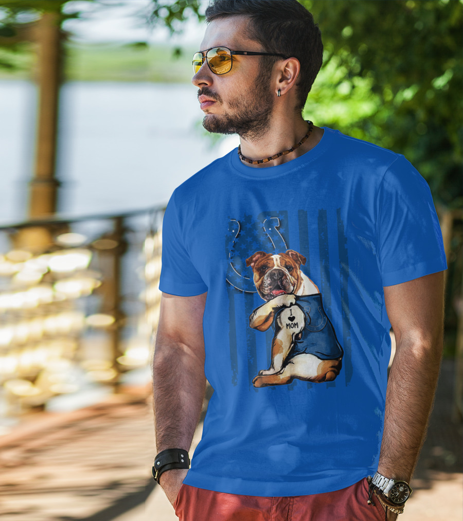 Indianapolis Colts Bulldog I Love Mom American Flag T-Shirt