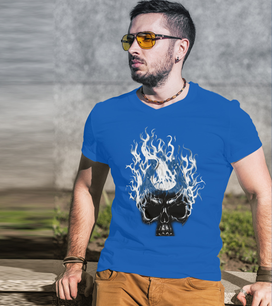 Indianapolis Colts 04 Skull With Horseshoe And Flames T-Shirt