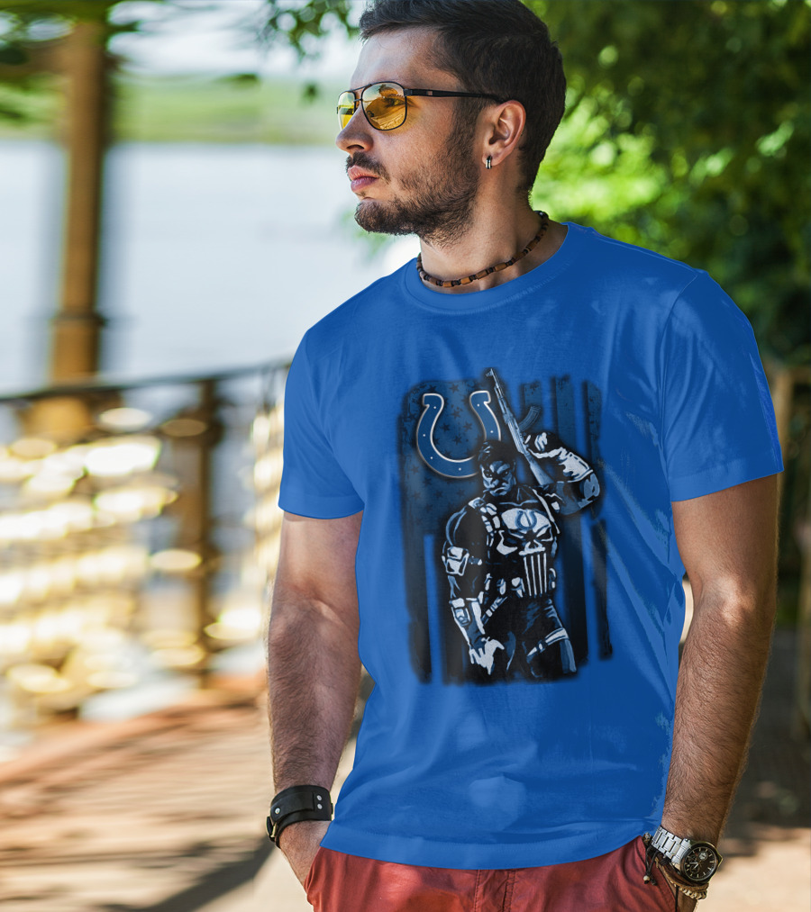 Indianapolis Colts Punisher Nfl Crossover 26 Blue Flag T-Shirt