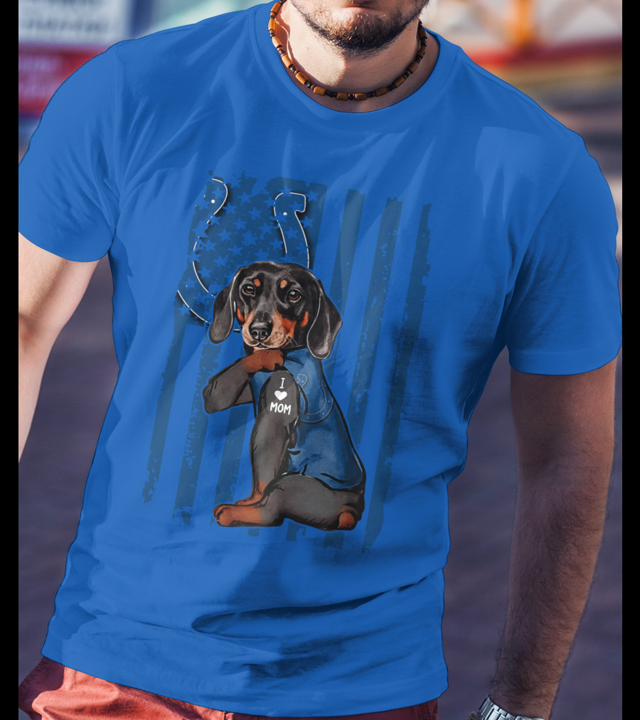 Dachshund I Love Mom Indianapolis Colts American Flag T-Shirt