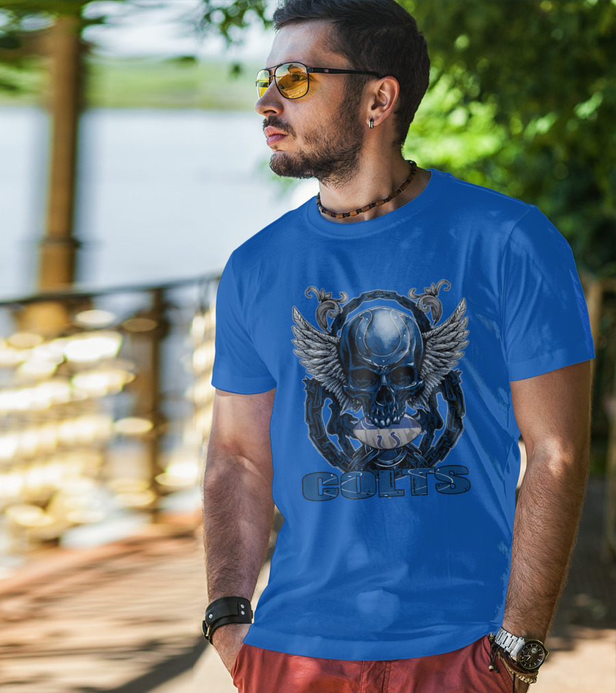 Colts Skullfb Winged Blue Skull Design For Indianapolis Colts Fans T-Shirt