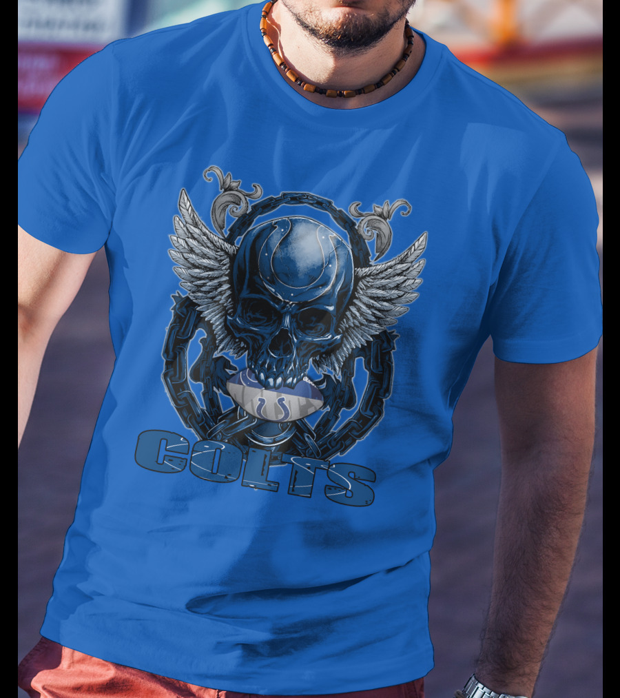 Colts Skullfb Winged Blue Skull Design For Indianapolis Colts Fans T-Shirt