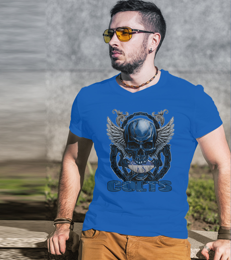 Colts Skullfb Winged Blue Skull Design For Indianapolis Colts Fans T-Shirt