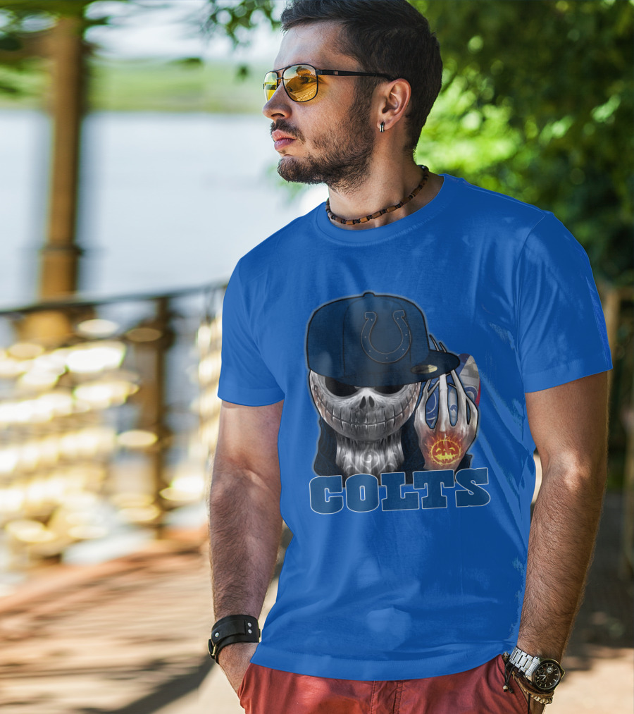 Colts Halloween Skull With Indianapolis Blue And Jack O'lantern Hand T-Shirt