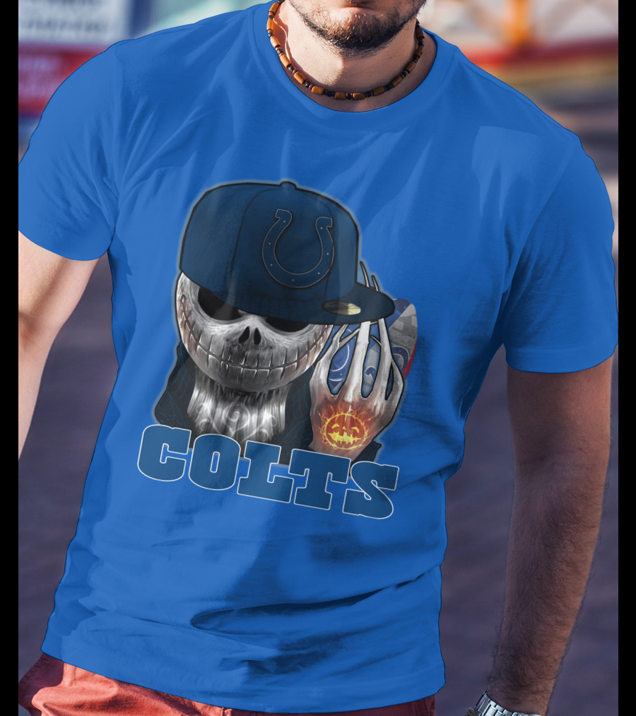 Colts Halloween Skull With Indianapolis Blue And Jack O'lantern Hand T-Shirt
