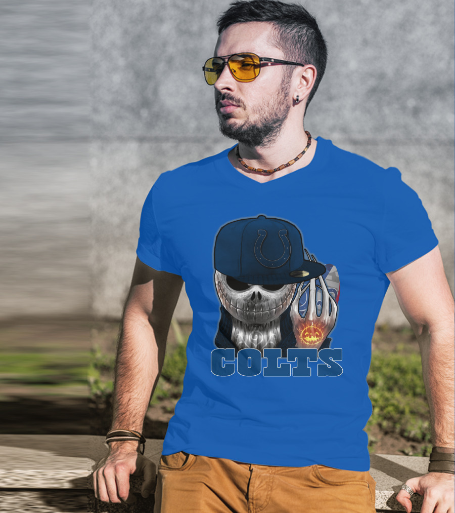 Colts Halloween Skull With Indianapolis Blue And Jack O'lantern Hand T-Shirt