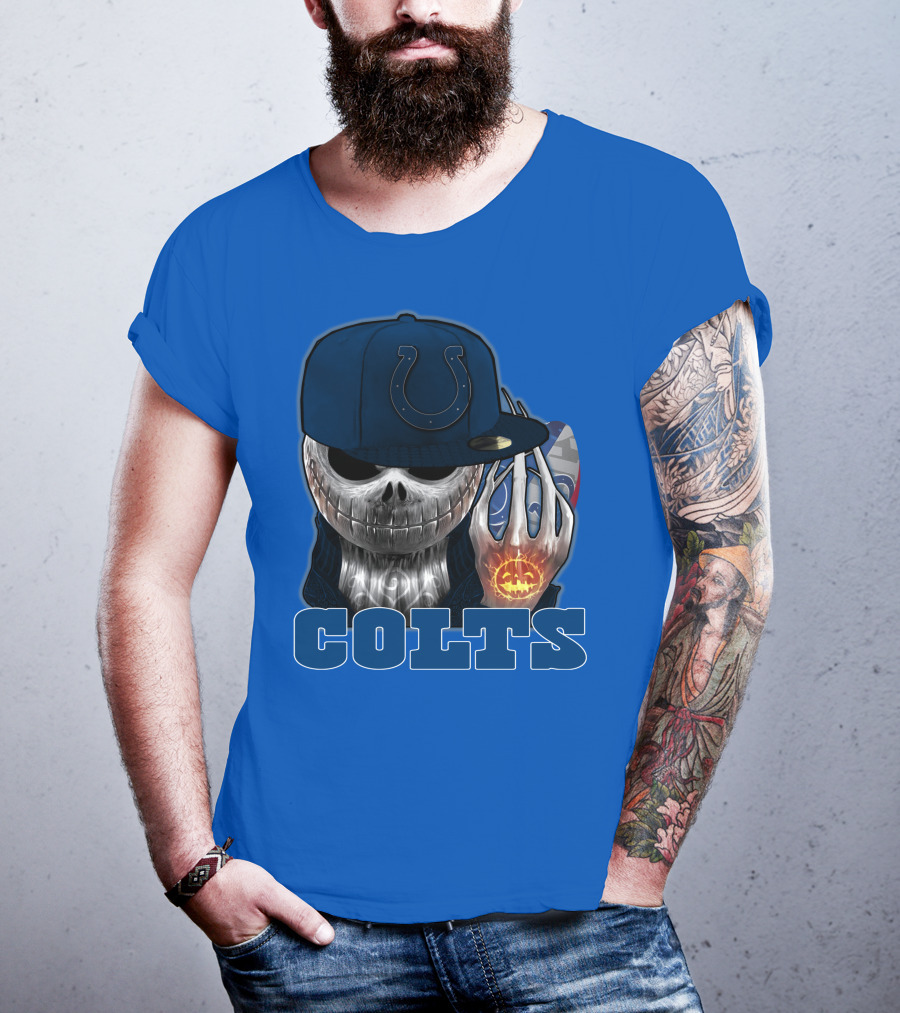 Colts Halloween Skull With Indianapolis Blue And Jack O'lantern Hand T-Shirt
