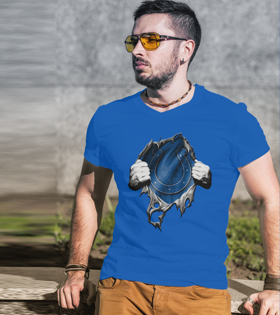 Torn Indianapolis Colts Horseshoe Logo Rip Through T-Shirt