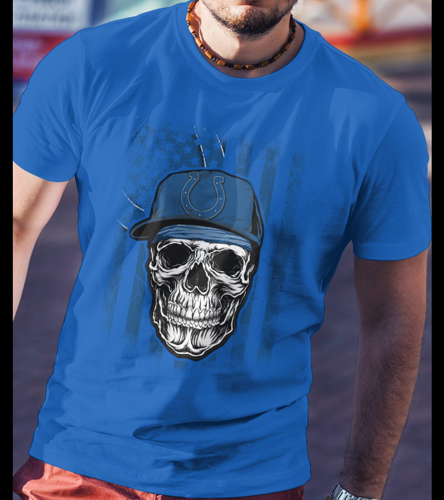 Skull Indianapolis Colts Blue Cap American Flag Background T-Shirt