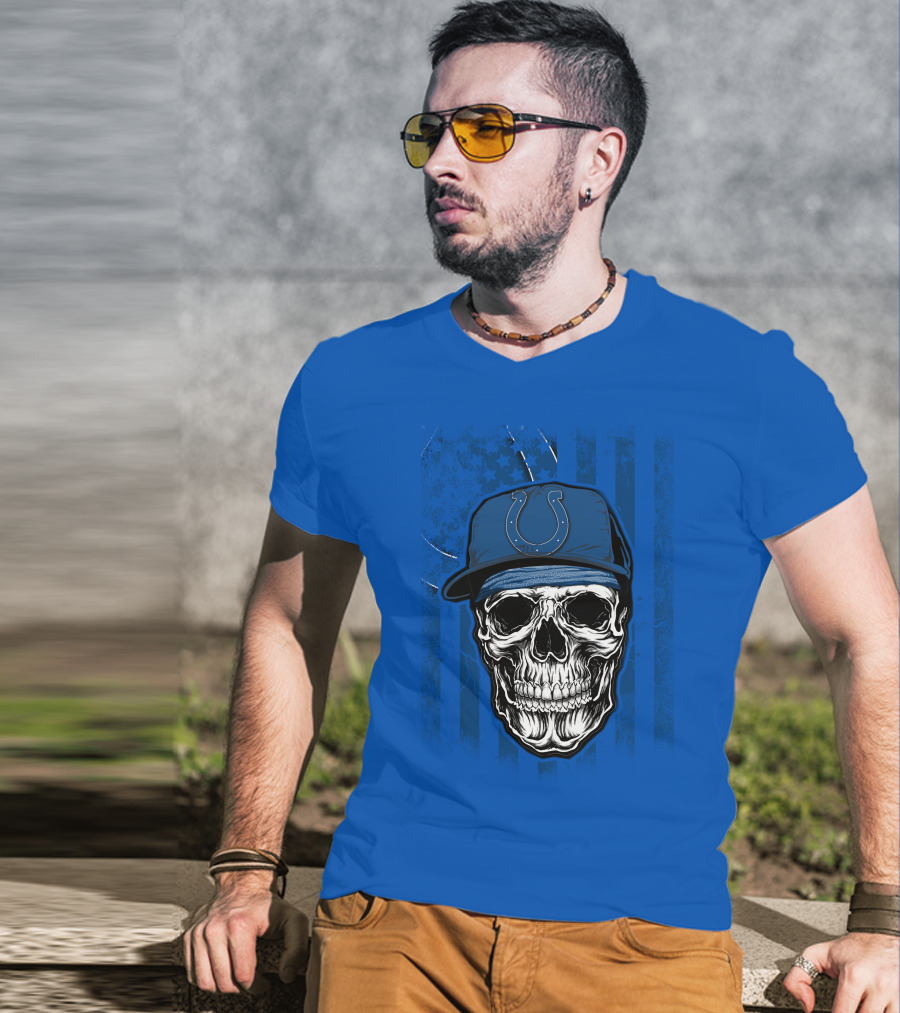 Skull Indianapolis Colts Blue Cap American Flag Background T-Shirt