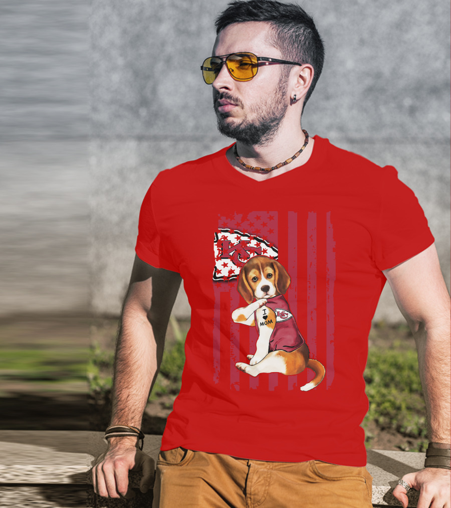 Beagle I Love Mom Kansas City Chiefs Fan Tattoo Football American Flag T-Shirt