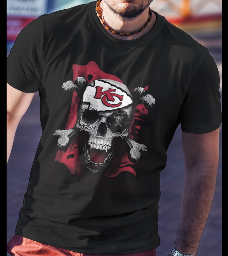Skull And Crossbones With Kansas City Chiefs Logo T-Shirt