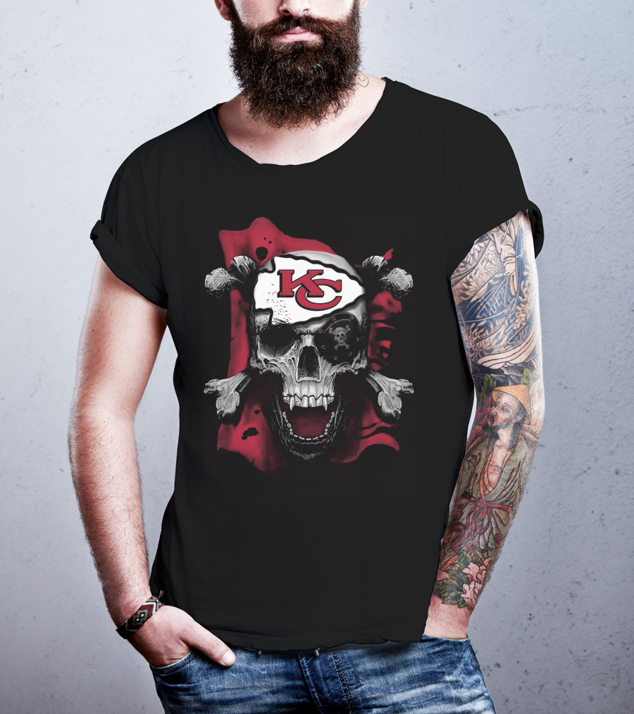 Skull And Crossbones With Kansas City Chiefs Logo T-Shirt
