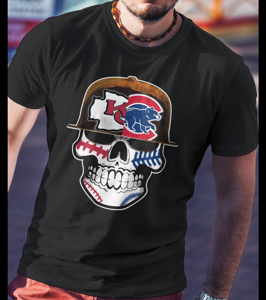 Kansas City Chiefs Chicago Cubs Skull Baseball Football Fusion T-Shirt