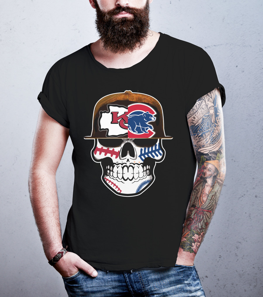Kansas City Chiefs Chicago Cubs Skull Baseball Football Fusion T-Shirt