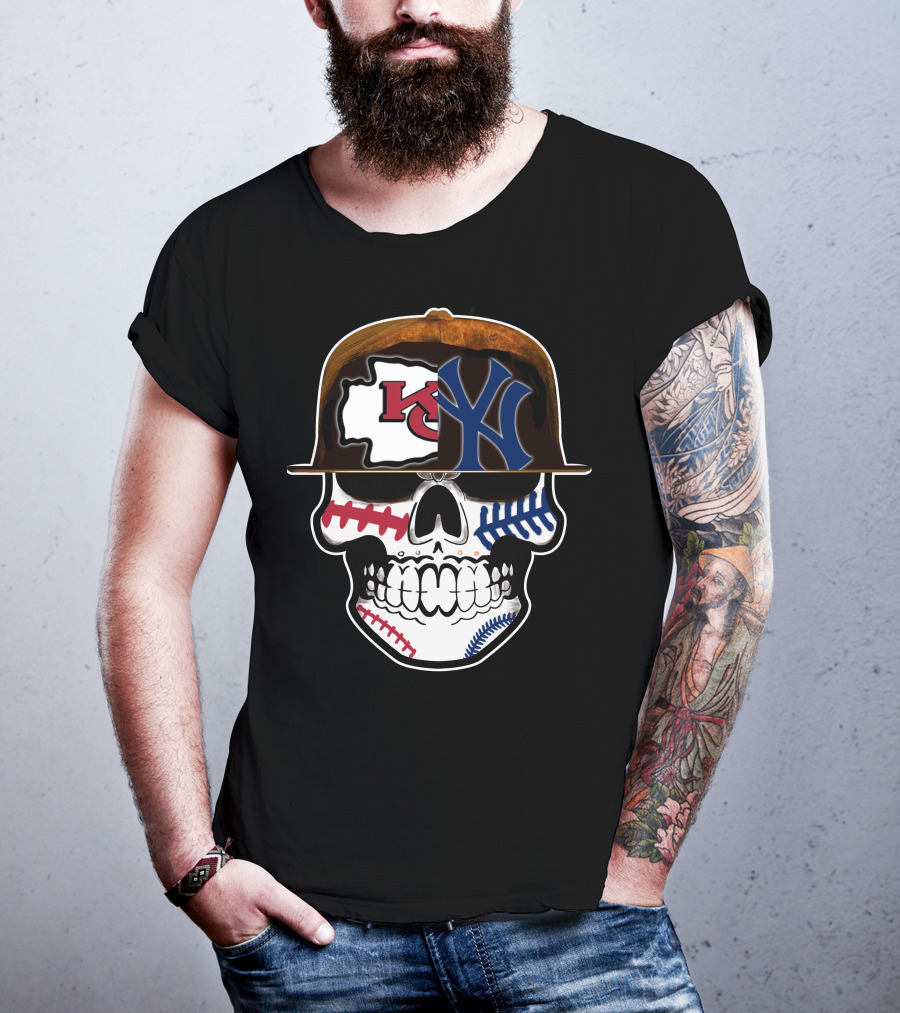 Kansas City Chiefs New York Yankees Skull Baseball Hat T-Shirt