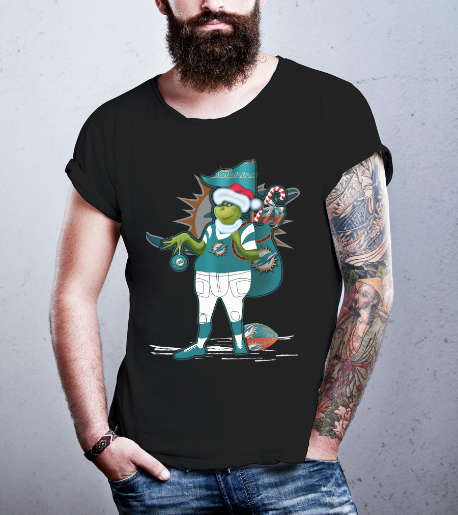 Grinchxmas Miami Dolphins Holiday Grinch With Football And Ornament Santa Hat T-Shirt