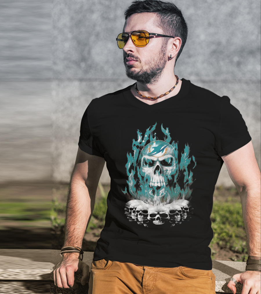 Miami Dolphins Flaming Skulls T-Shirt