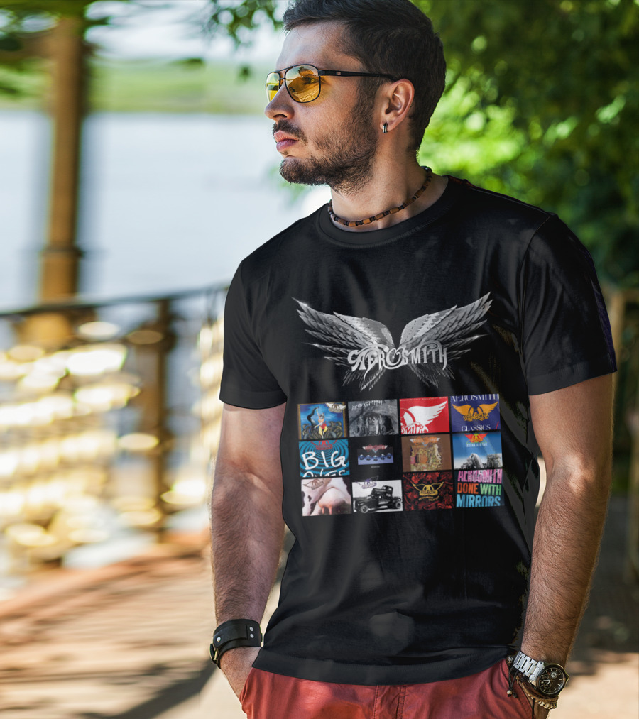 Aerosmith Wings Logo With Album Covers Collection Classics Big Ones Permanent Vacation Pump Done With Mirrors T-Shirt