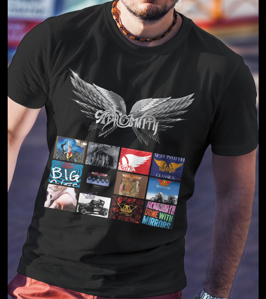 Aerosmith Wings Logo With Album Covers Collection Classics Big Ones Permanent Vacation Pump Done With Mirrors T-Shirt