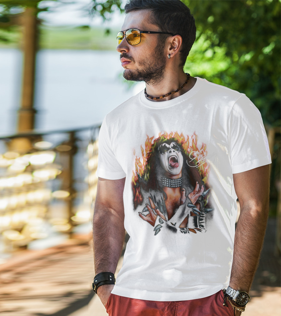 Gene Simmons Demon Makeup Fire Background T-Shirt