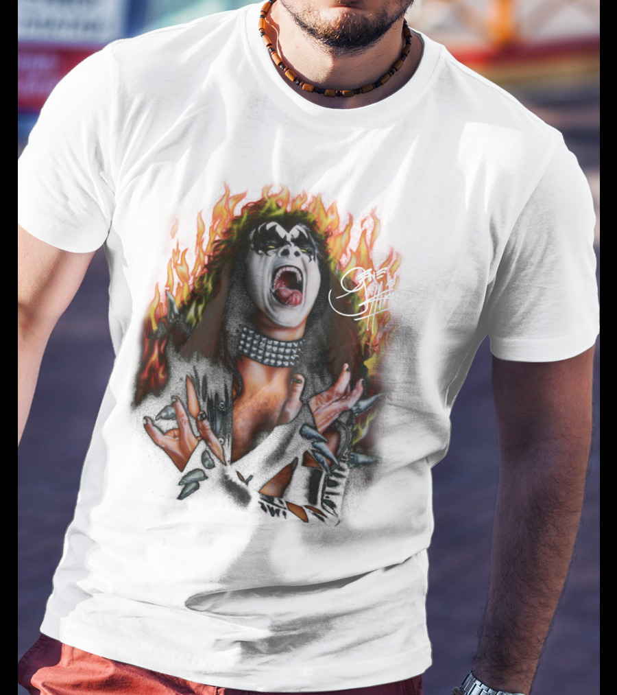 Gene Simmons Demon Makeup Fire Background T-Shirt
