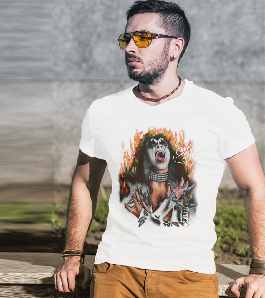 Gene Simmons Demon Makeup Fire Background T-Shirt