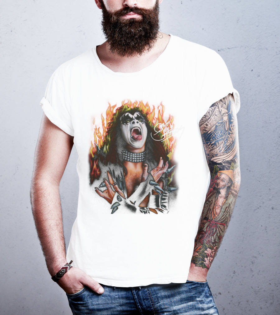 Gene Simmons Demon Makeup Fire Background T-Shirt