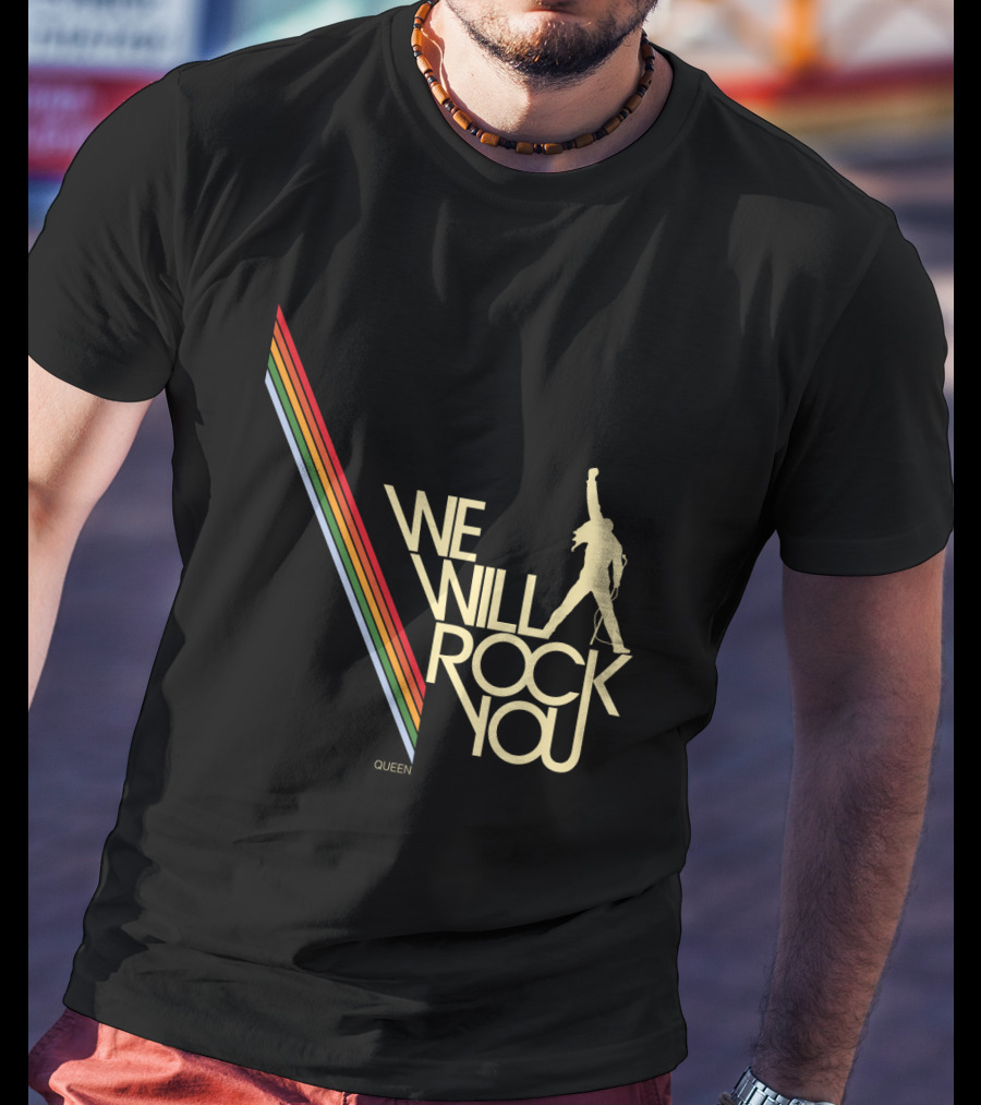 Queen We Will Rock You Silhouette Logo Rainbow Stripes T-Shirt