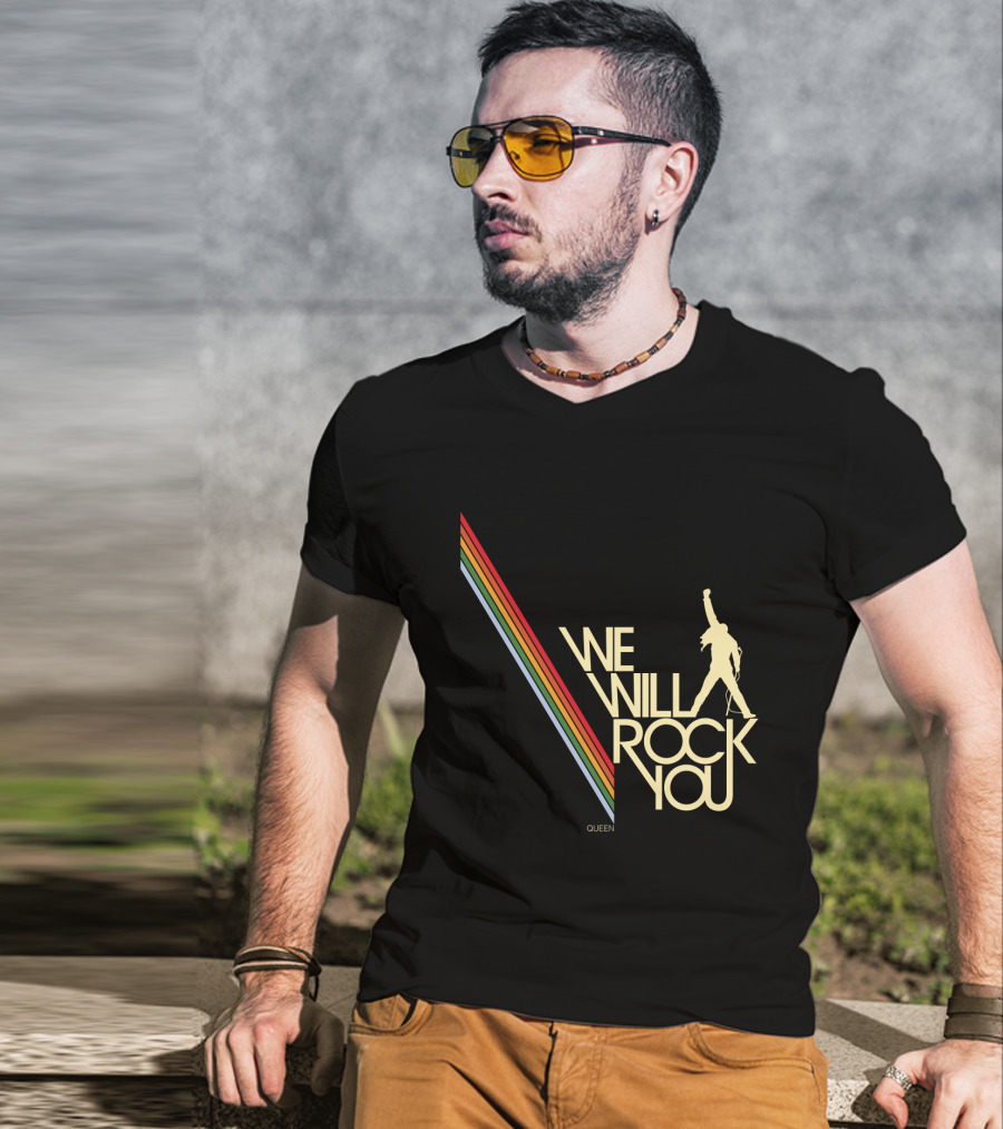 Queen We Will Rock You Silhouette Logo Rainbow Stripes T-Shirt