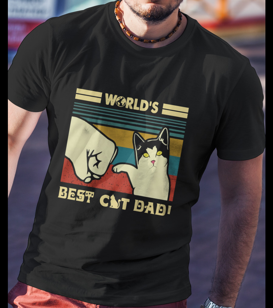 World's Best Cat Dad Fist Bump Retro Stripe T-Shirt