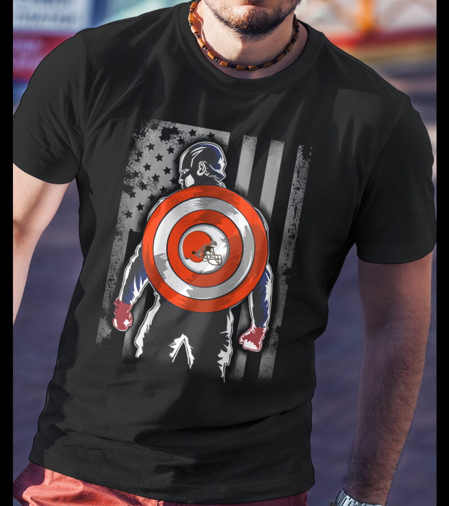 Cleveland Browns Captain America Shield USA Flag Backdrop T-Shirt