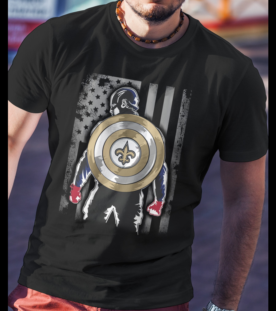 New Orleans Saints Captain America Shield Fleur-de-Lis American Flag Hero T-Shirt