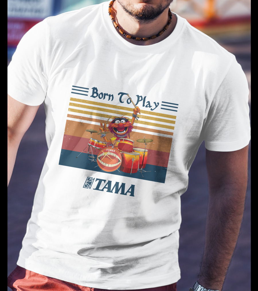 Born To Play TAMA Drum Set With Enthusiastic Drumming Character T-Shirt