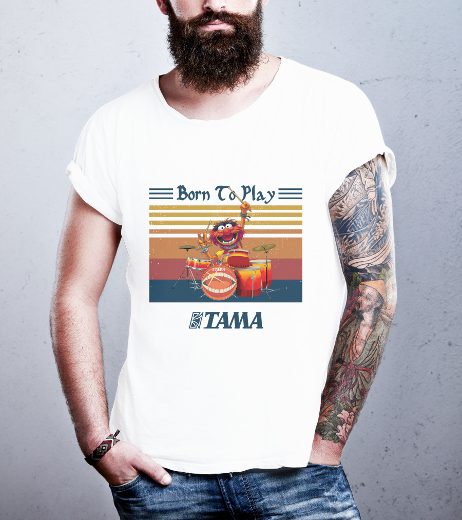 Born To Play TAMA Drum Set With Enthusiastic Drumming Character T-Shirt