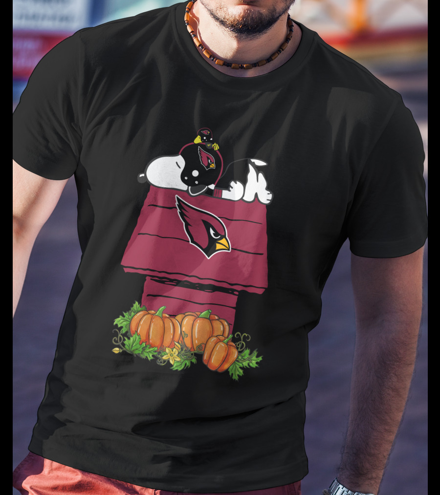 Arizona Cardinals Snoopy On Doghouse With Pumpkins T-Shirt