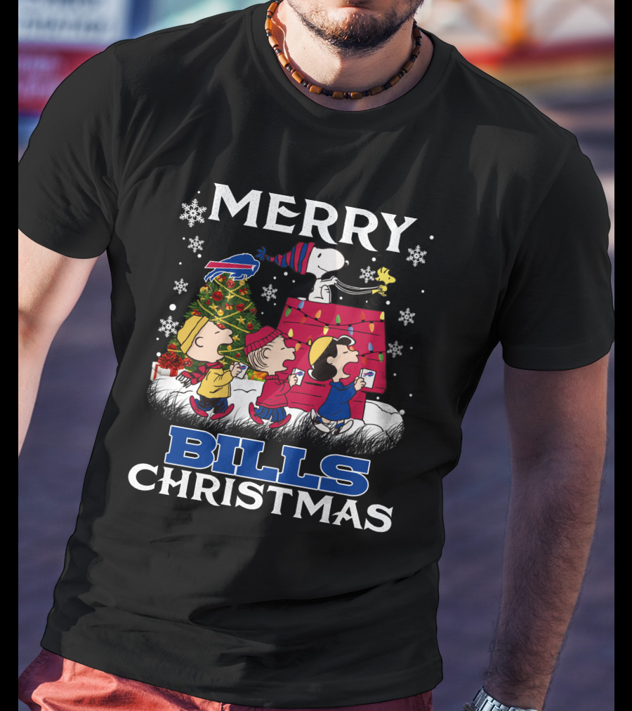 Buffalo Bills Snoopy Merry Christmas With Peanuts Characters And Festive Tree T-Shirt