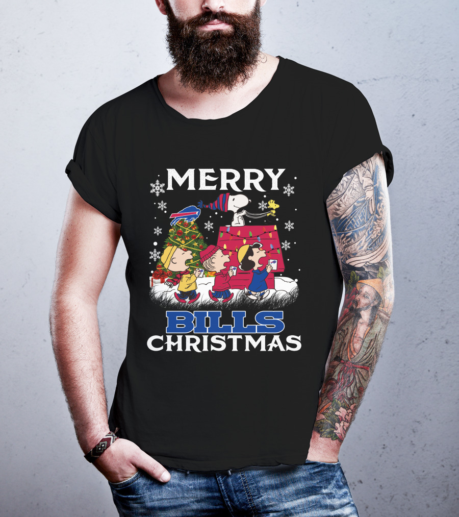 Buffalo Bills Snoopy Merry Christmas With Peanuts Characters And Festive Tree T-Shirt