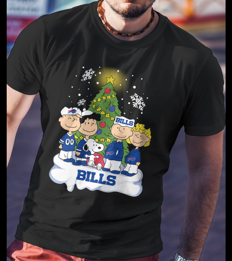 Snoopy And Peanuts Characters Celebrating With Buffalo Bills Christmas Tree T-Shirt
