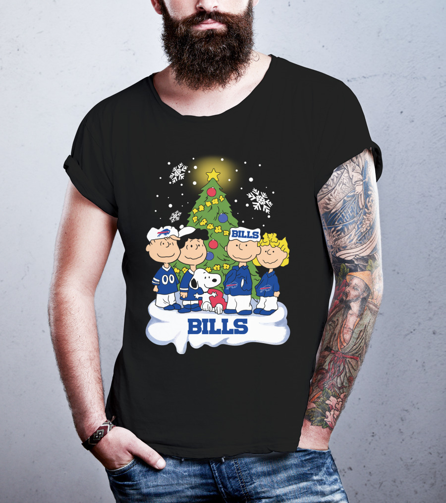 Snoopy And Peanuts Characters Celebrating With Buffalo Bills Christmas Tree T-Shirt