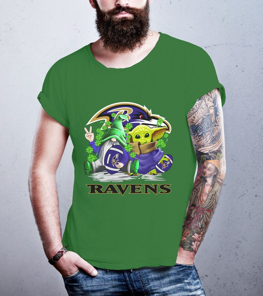 Baltimore Ravens St. Patrick's Day Football Gnome And Baby Alien With Shamrocks T-Shirt