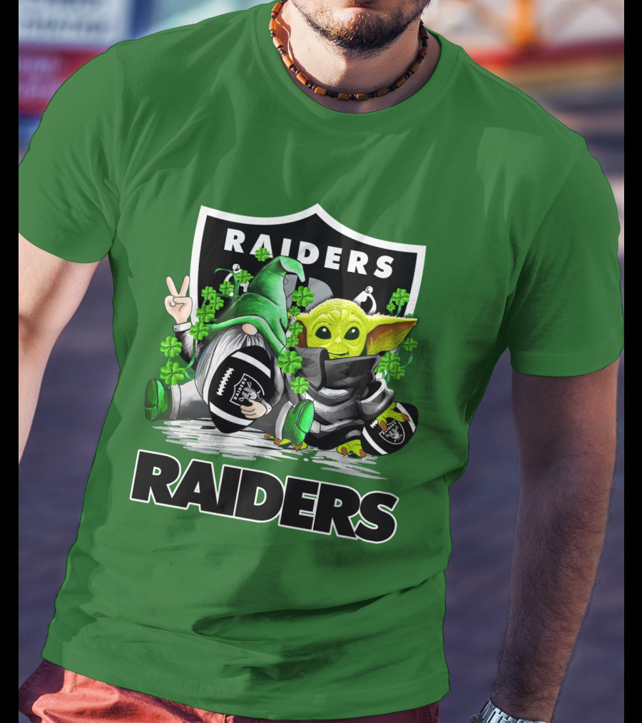 Raiders St. Patrick’s Day Football Gnome And Baby Alien With Clover Footballs T-Shirt