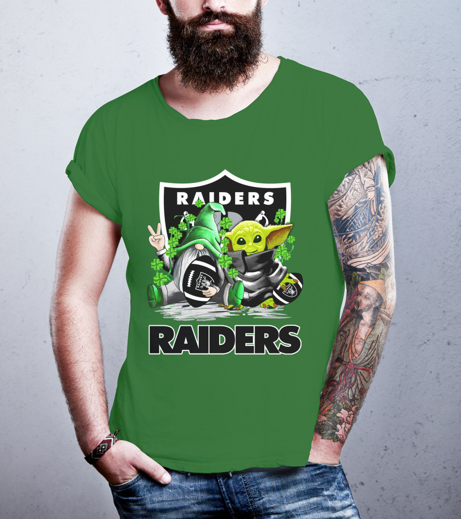 Raiders St. Patrick’s Day Football Gnome And Baby Alien With Clover Footballs T-Shirt
