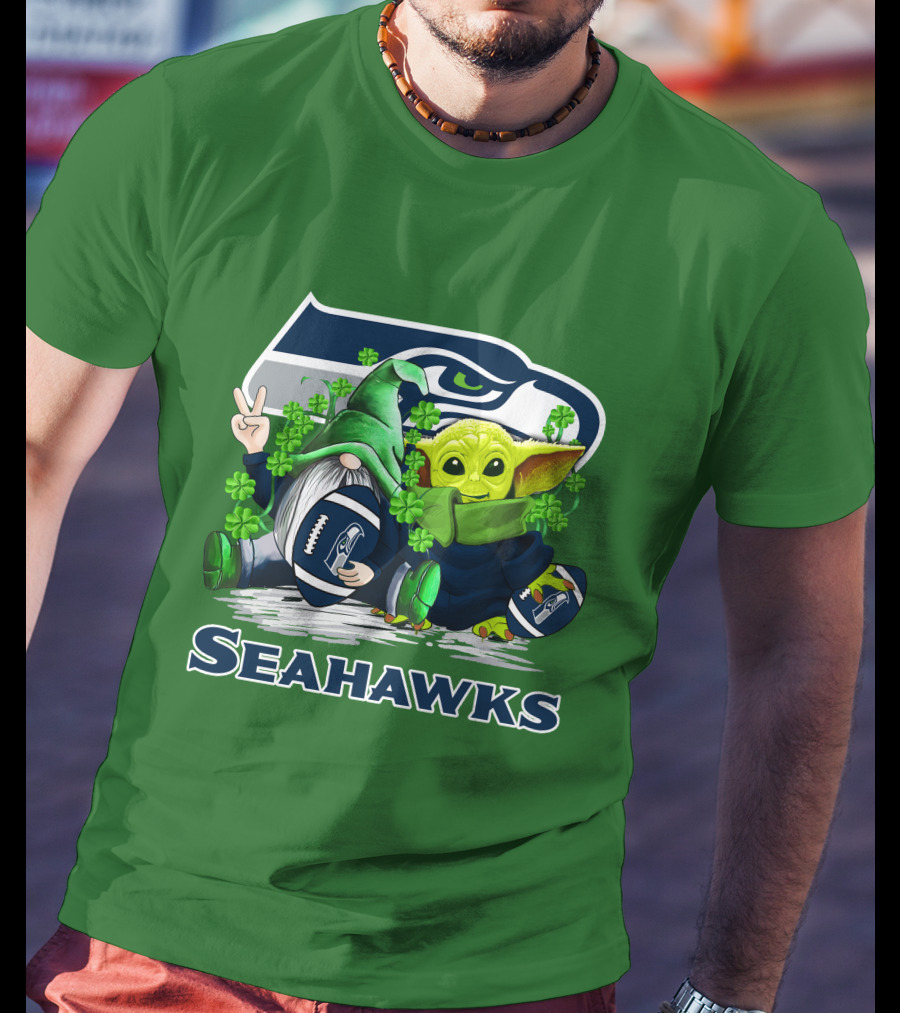 Seattle Seahawks St. Patrick's Day Gnome And Baby Yoda Football T-Shirt