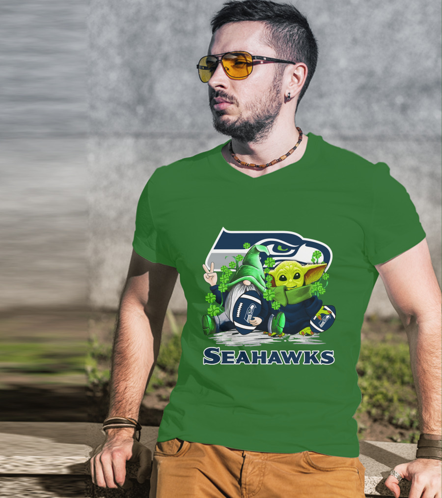 Seattle Seahawks St. Patrick's Day Gnome And Baby Yoda Football T-Shirt